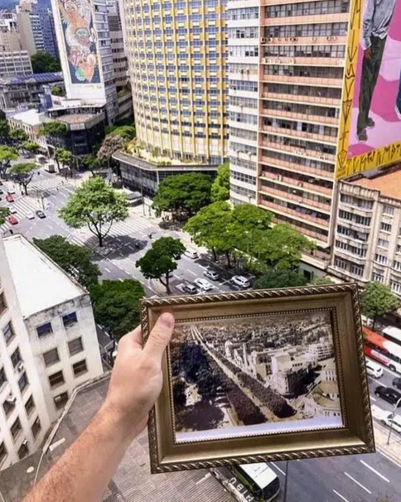 Comparação histórica de Belo Horizonte - passado e presente da Praça da Liberdade