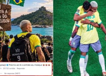 Imagem do atacante Richarlison numa ilha ao lado de uma foto dele abraçado com Neymar