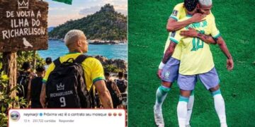 Imagem do atacante Richarlison numa ilha ao lado de uma foto dele abraçado com Neymar