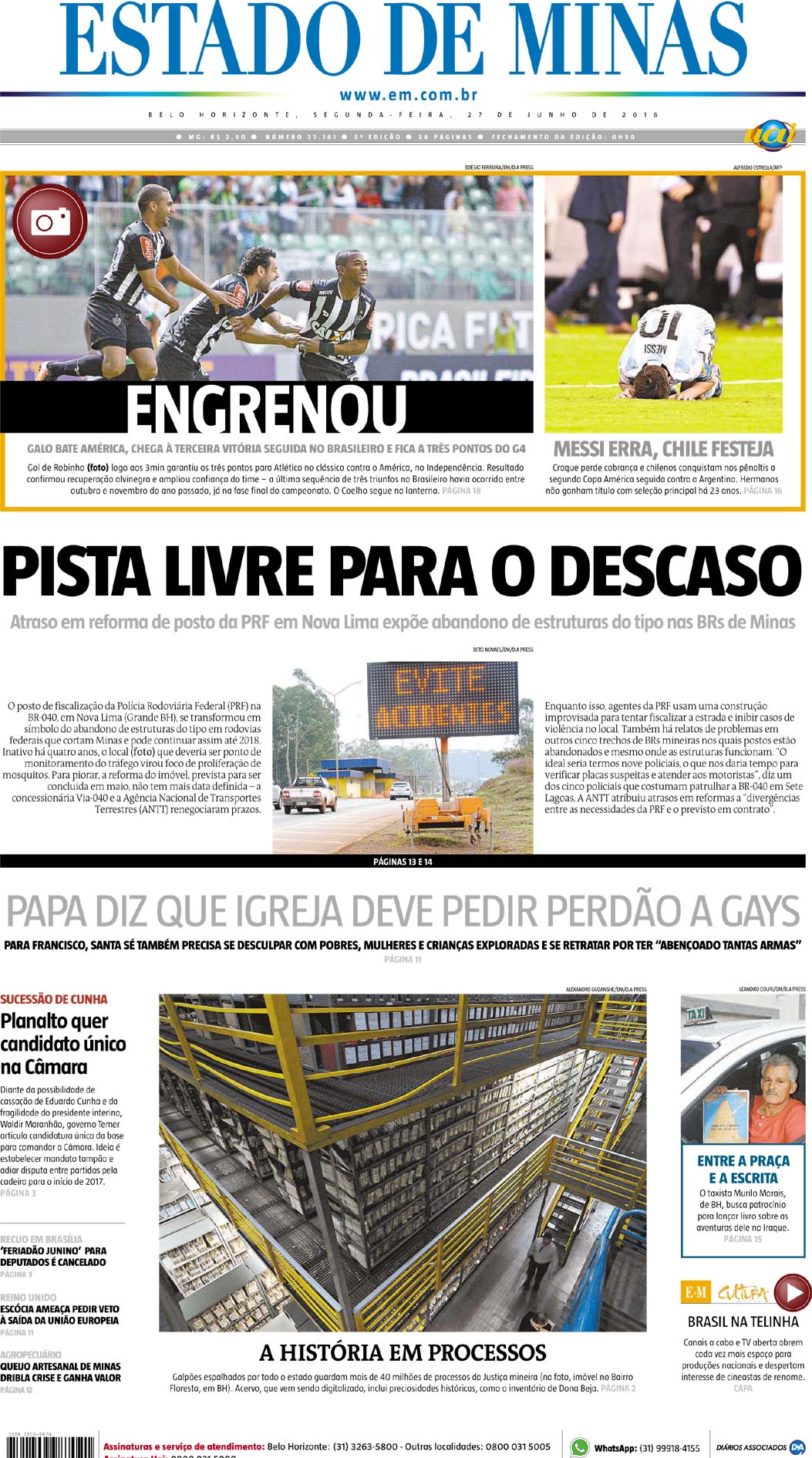 Capas Dos Principais Jornais De BH Nesta Segunda-feira, 27 De Junho