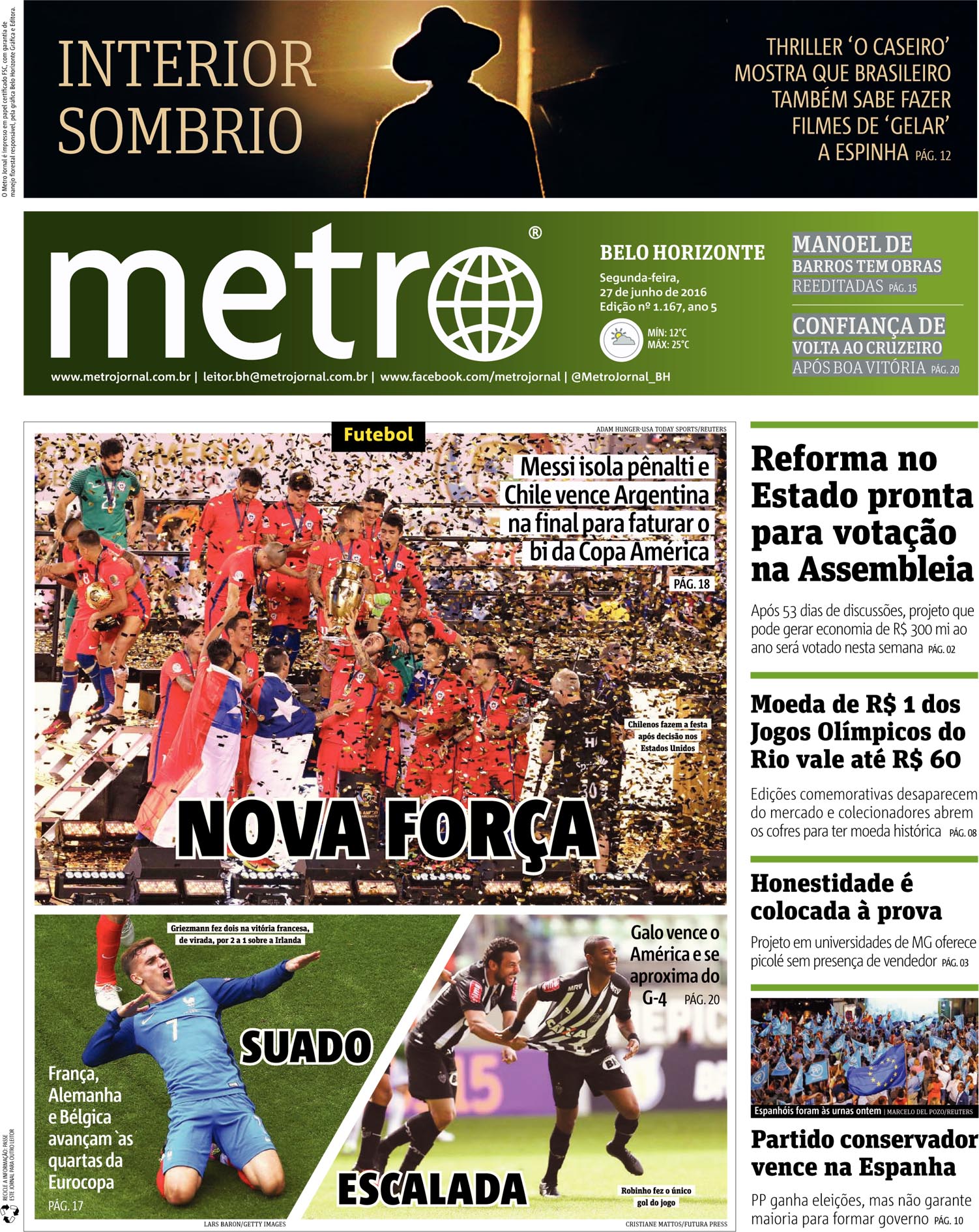 Capas Dos Principais Jornais De BH Nesta Segunda-feira, 27 De Junho