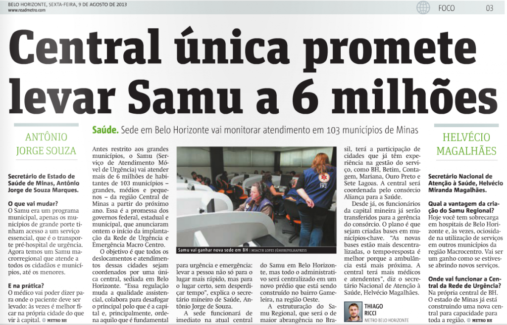 Reportagem do Metro BH sobre o evento de lançamento do Samu Regional (Reprodução)