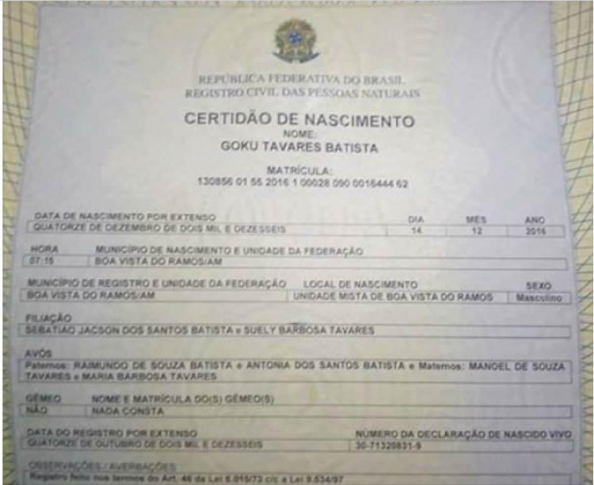 Farsa ou Fato] Menino é registrado com nome de 'Goku' no Brasil?