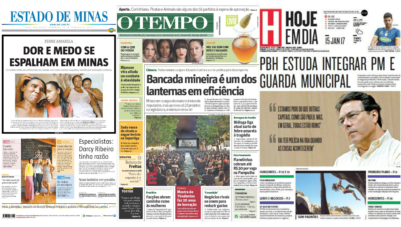Capas dos principais jornais de BH neste domingo, 15 de janeiro