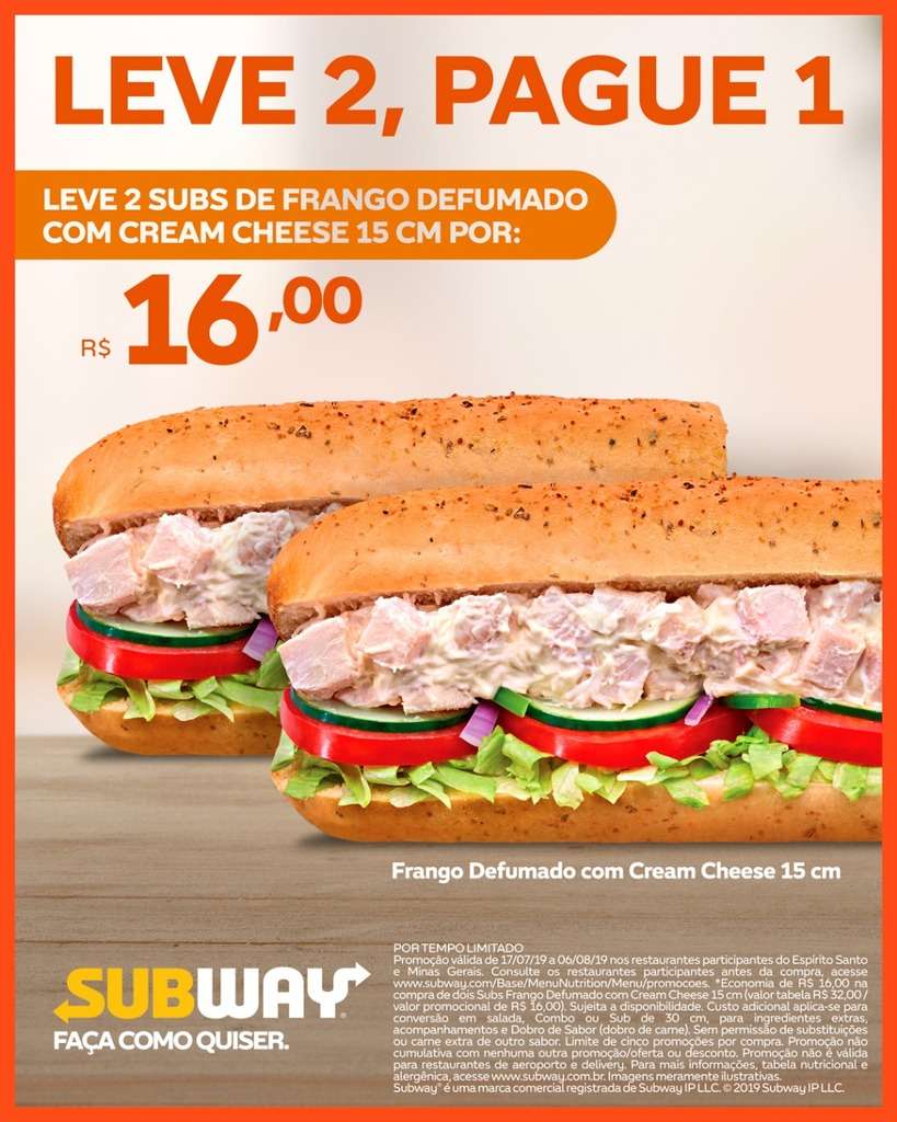 Subway realiza promoção Leve dois, pague um nesta quinta-feira