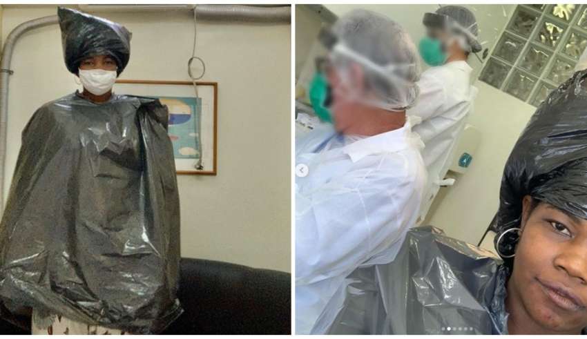 dentista veste mulher com sacos de lixo