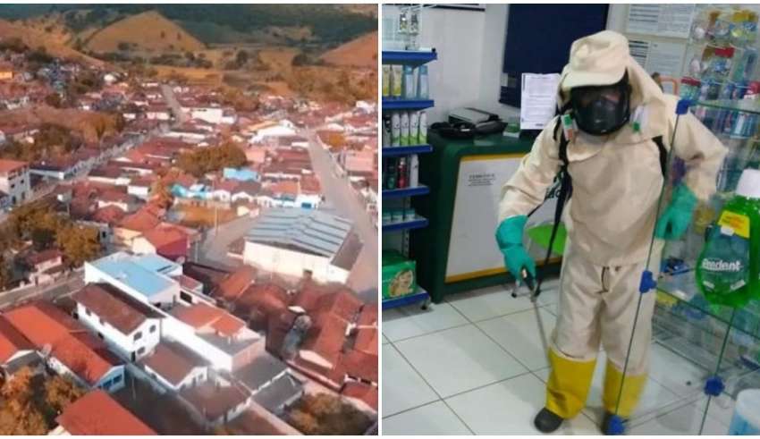 Cidade de Bandeira e funcionário fazendo desinfecção de comércio