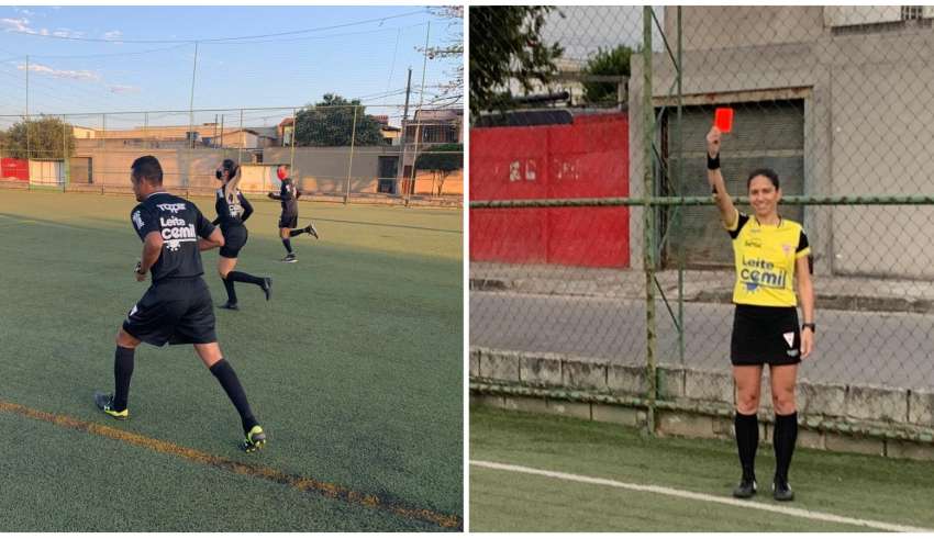 Árbitros da FMF participando de treino físico em campo, em Contagem