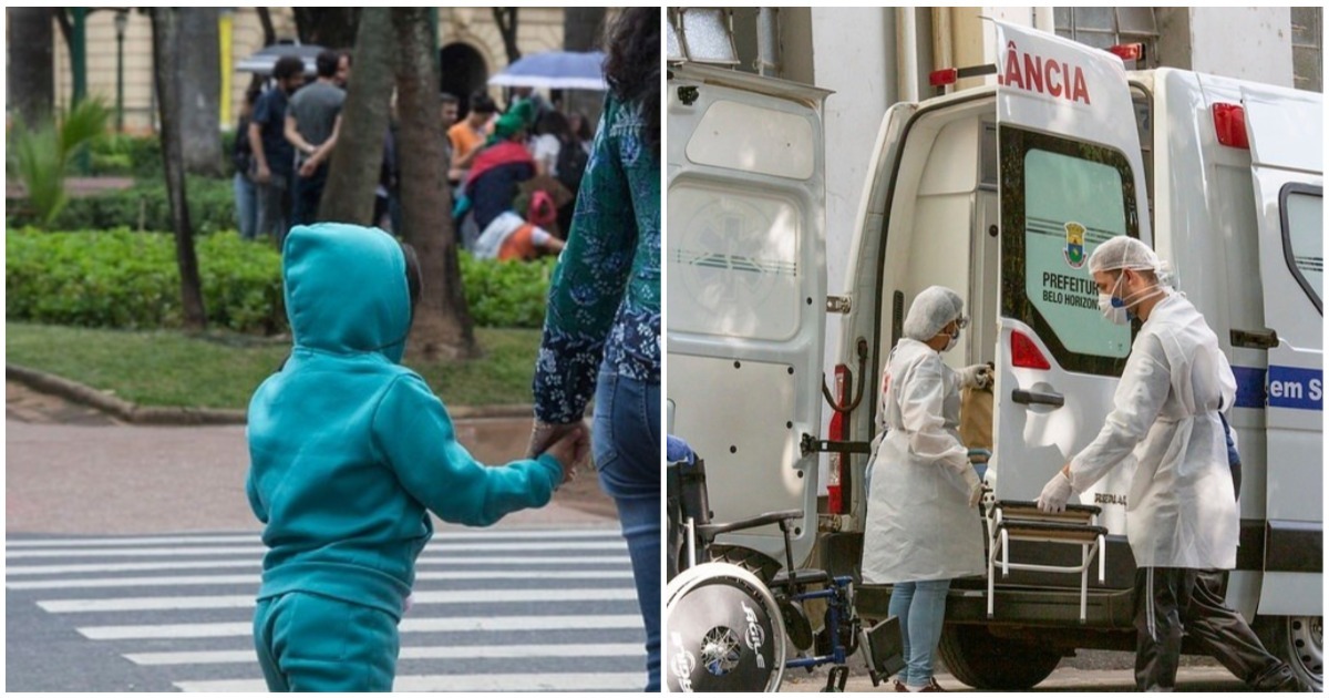 Criança andando nas ruas de BH e Ambulância do sistema de Saúde