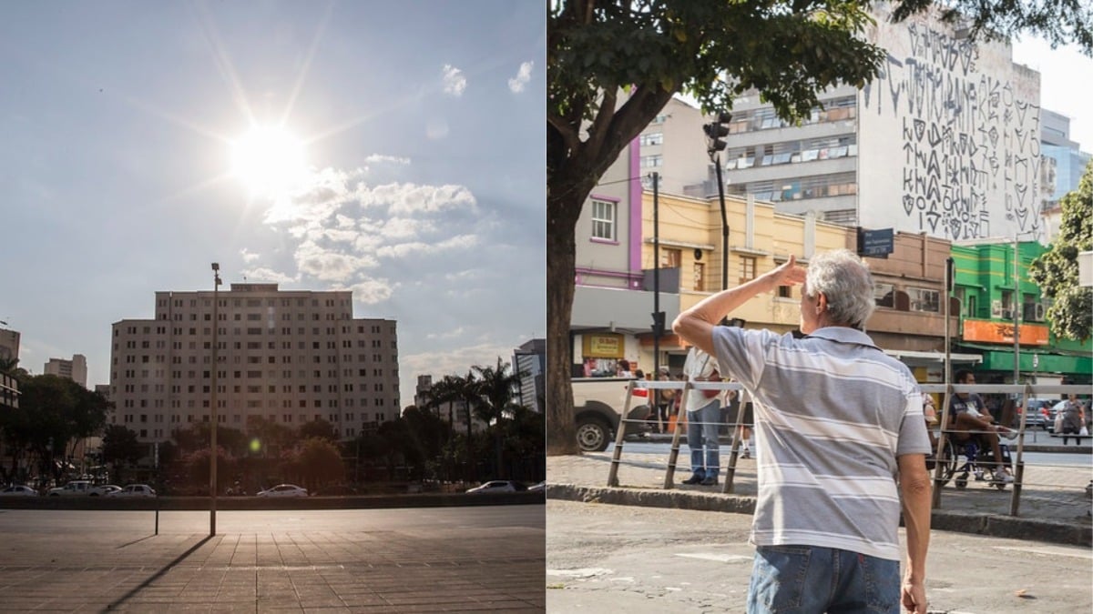 Calor em Belo Horizonte e homem se protegendo do sol