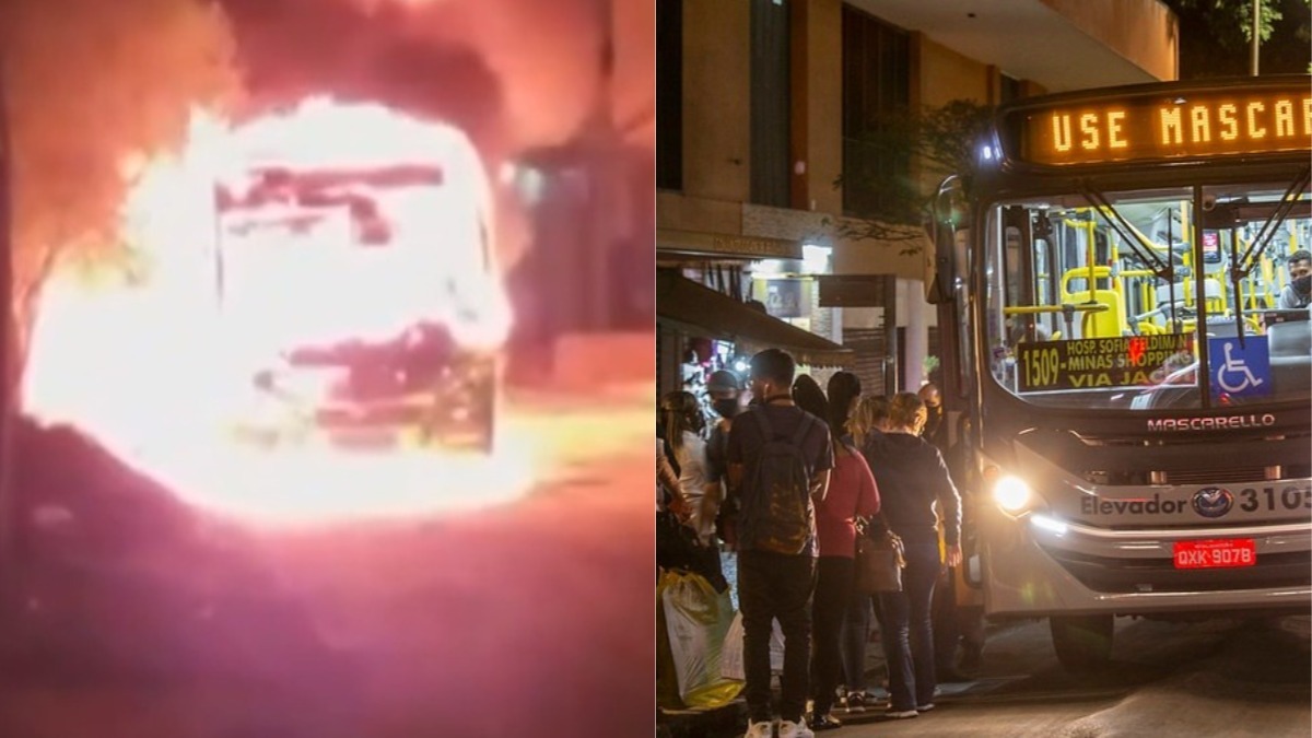 ônibus queimado e passageiros embarcando em coletivo