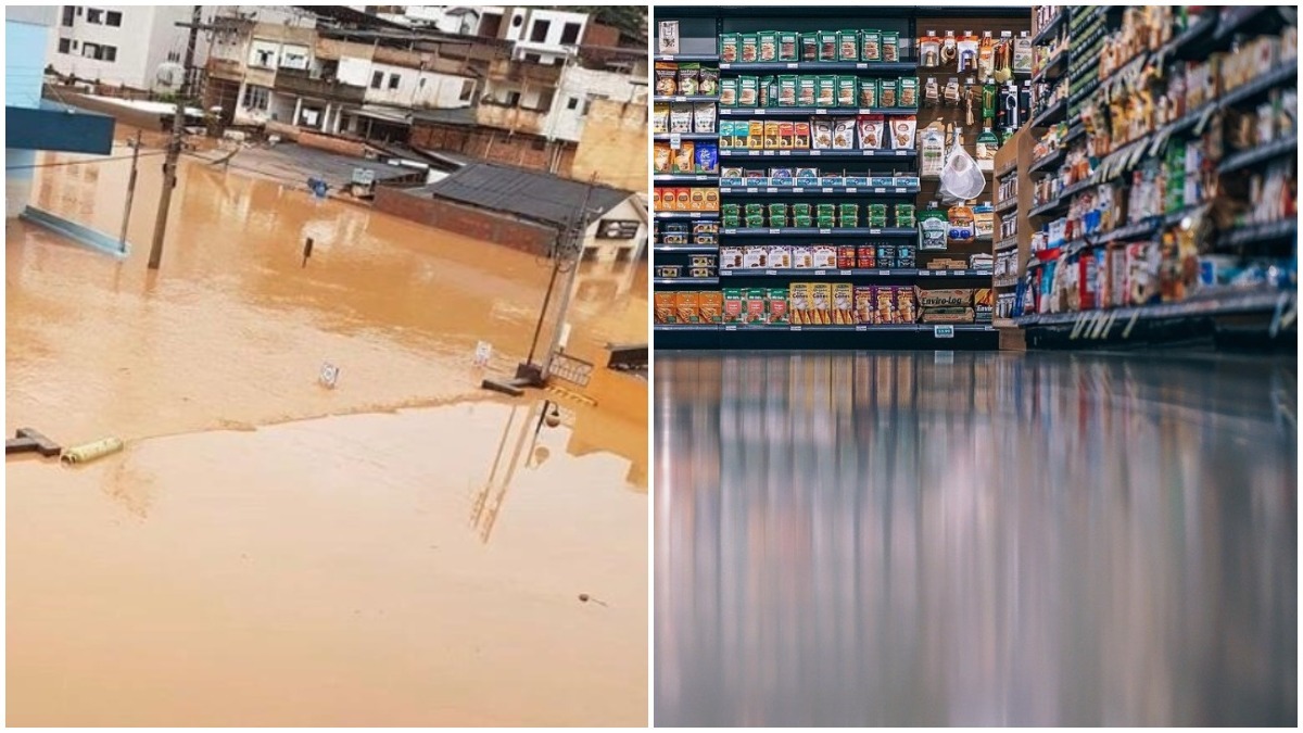 Enchente em Manhumirim no início do ano + foto ilustrativa de supermercado