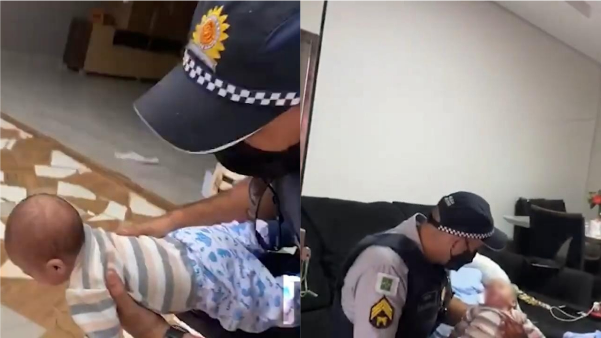 policial militar desengasgando bebê