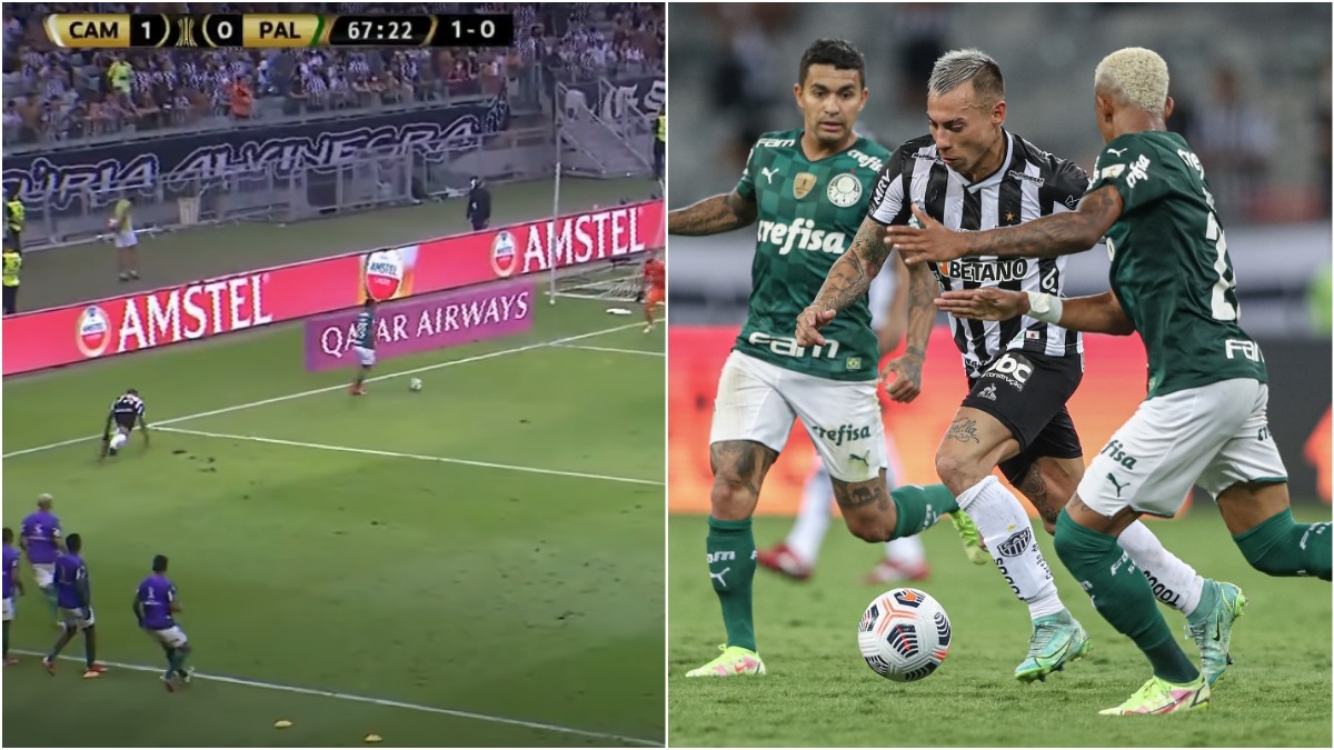 Lance em que o jogador do Palmeiras invade o campo e jogadores disputando a bola