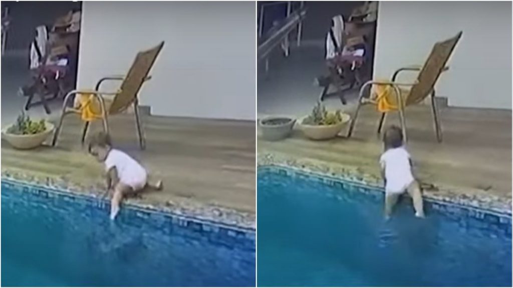 criança entrando na piscina sozinha