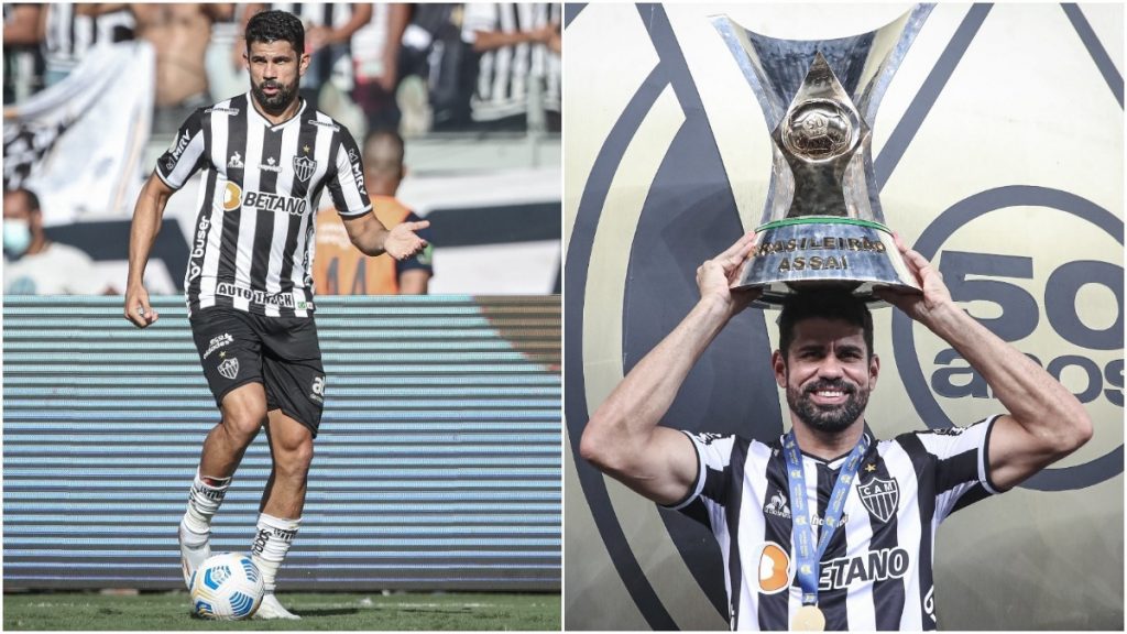 diego costa jogando e com a taça