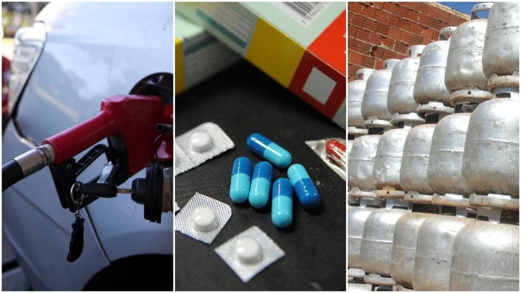 Gasolina, medicamentos e gás