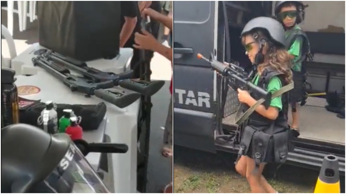 Armas de fogo são exibidas em evento de Dia das Crianças de prefeitura em  MG; vídeo mostra menino com bomba na mão, Triângulo Mineiro