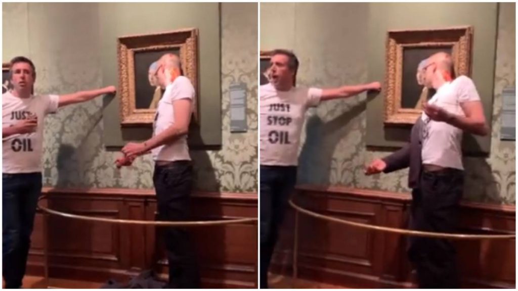 Ativista do movimento 'Just Stop Oil' cola cabeça em quadro