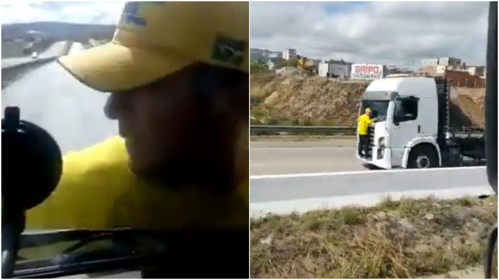 Bolsonarista em para-brisa de caminhão