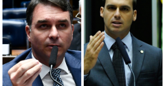 Flávio e Eduardo Bolsonaro lado a lado em montagem. Os dois vestem terno e gravata