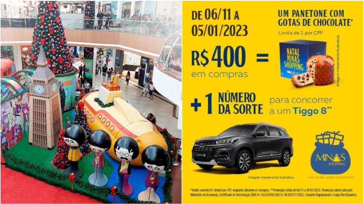 Natal do Minas Shopping tem decoração inspirada no universo dos Beatles; a cada R$ 400 em compras, ganhe um panetone e concorra a um Tiggo 8