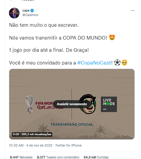 Streamer Casimiro anuncia que transmitirá jogos da Copa do Mundo