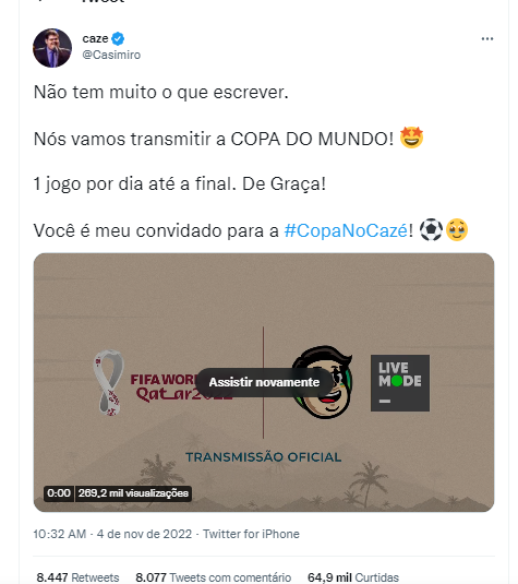 Casimiro ao vivo na Copa do Mundo 2022: como assistir na Twitch