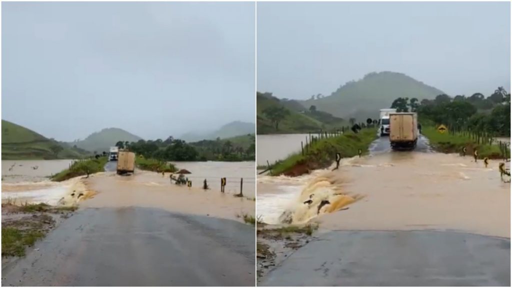 Caminhão atravessa ponte alagada