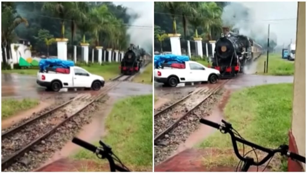 Trem freia e evita batida