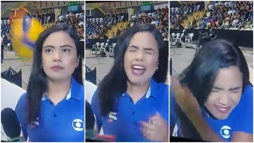 Repórter da Globo leva bolada em aquecimento de jogo de vôlei