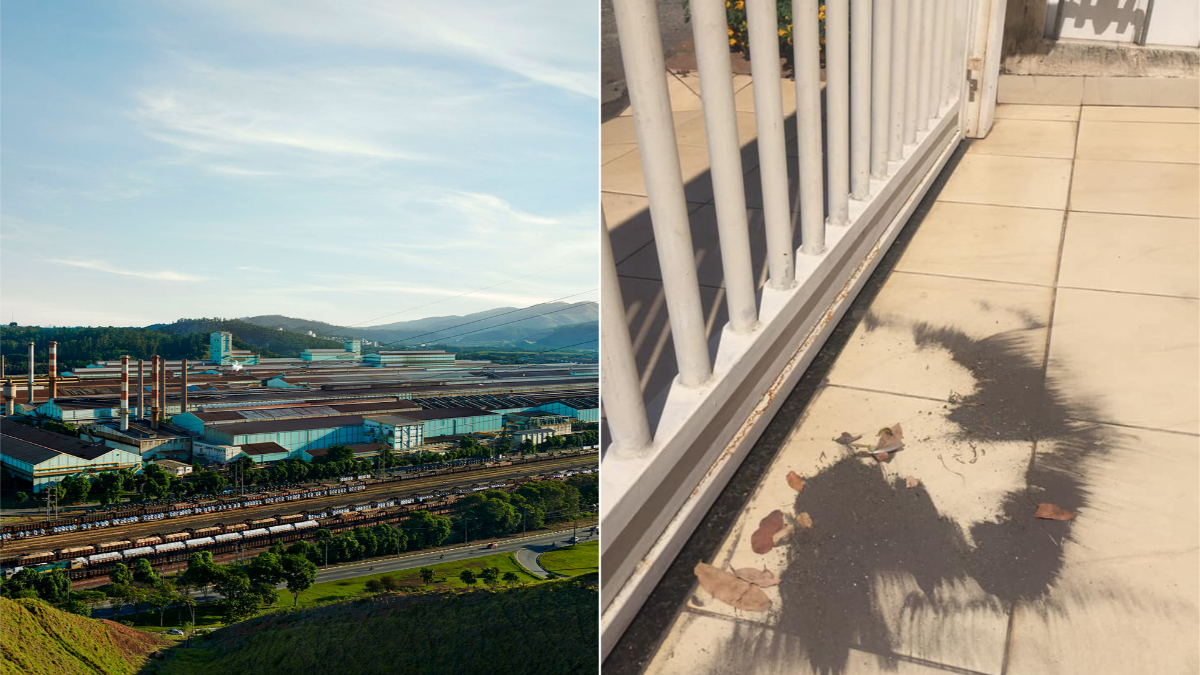 sede da Usiminas em Ipatinga vista de cima e, ao lado, chão de casa com grande quantidade de pó preto