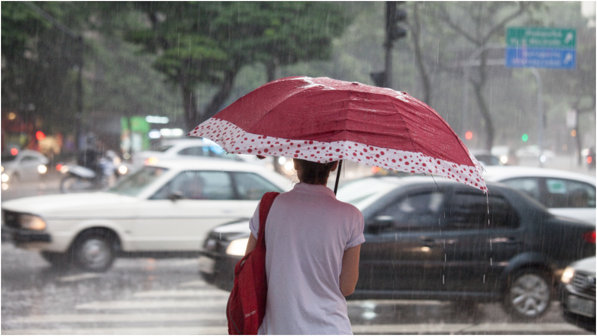 mulher com guarda chuva no meio da rua