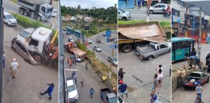 Um caminhão desgovernado caiu em cima de alguns carros na tarde desta quinta-feira (15) em Ribeirão das Neves, região Metropolitana de BH (Redes Sociais)