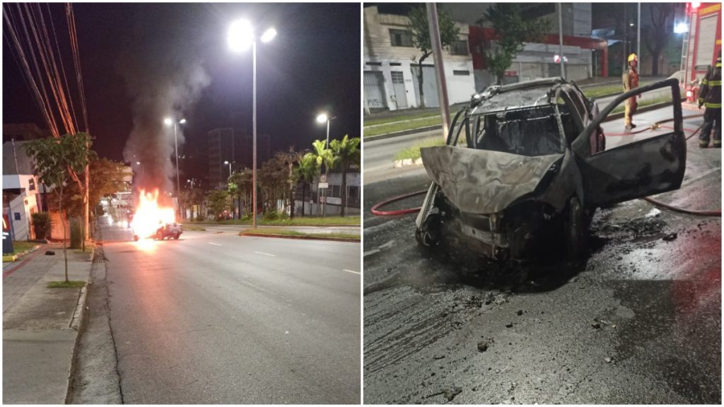 Carro bate em poste e pega fogo na Antônio Carlos, em BH