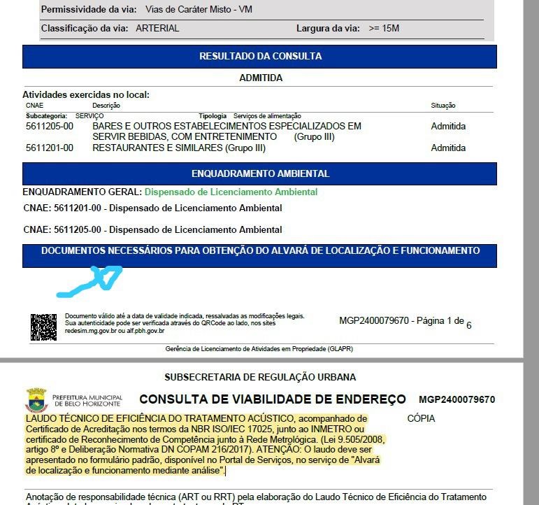 Comprovação da obrigatoriedade do laudo acústico como documentação necessária para obtenção de alvará.