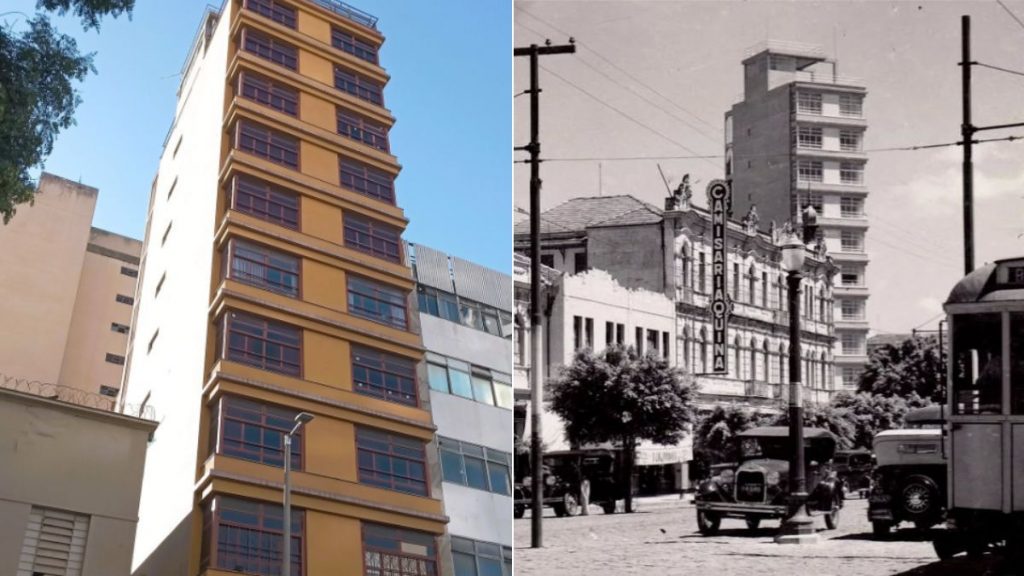 Edificio Ibaté em preto e branco e colorido.
