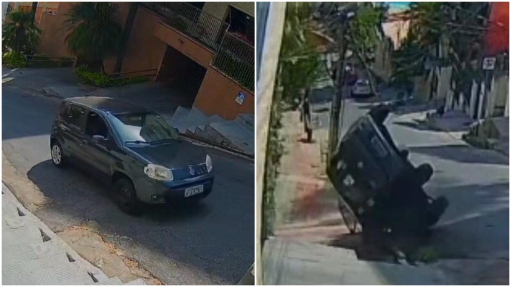 Carro derrapa e capota em morro íngreme de BH; moradores alertam para acidentes frequentes