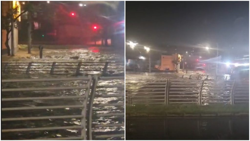 Chuva forte enche pscinão da Vilarinho; Defesa Civil bloqueia via