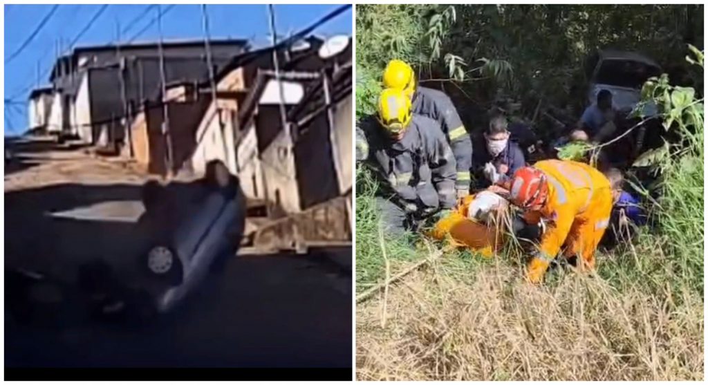 Motorista perde o controle, capota carro e vai parar em barranco, em Maria da Fé, no Sul de Minas