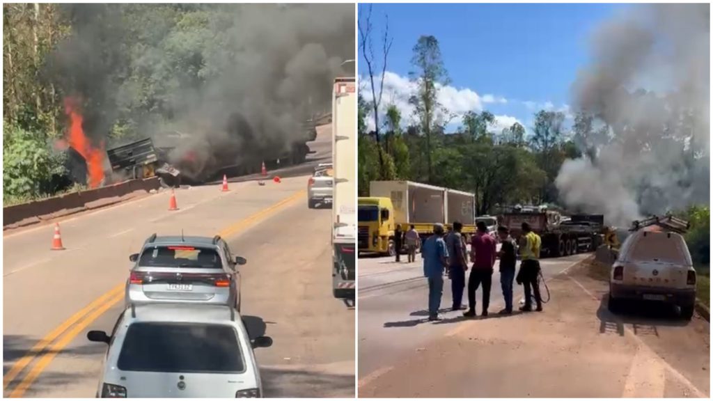 VÍDEO: Motociclista morre em acidente envolvendo carreta na BR-040 em Itabirito; veículo pegou fogo