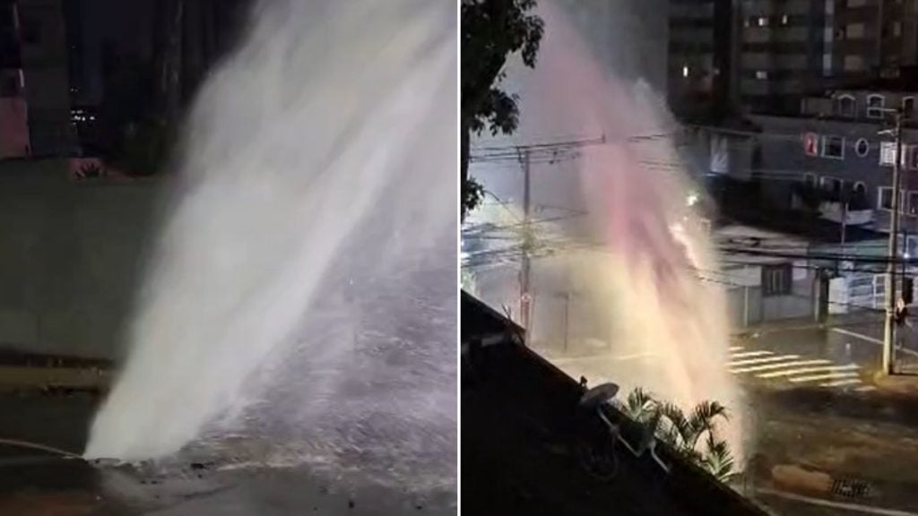 Adutora se rompe no Luxemburgo e forma cachoeira reversa em BH; trânsito no local segue interditado