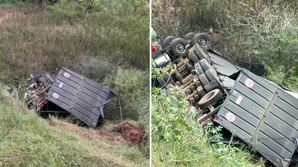 Uma carreta que transportava carvão caiu de uma ponte de 35 metros na BR-040