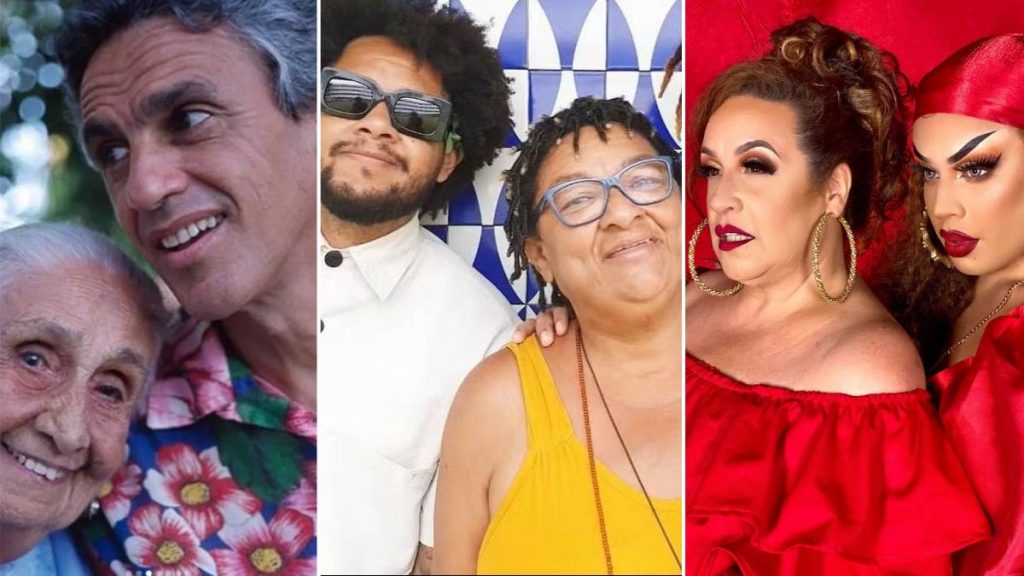 Caetano Veloso, Emicida e Glória Groove com suas mães (Reprodução redes sociais e Divulgação)