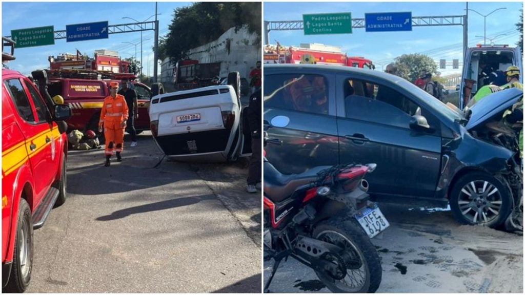 Acidente entre dois carros deixa veículo capotado e quatro feridos na MG-10 em BH