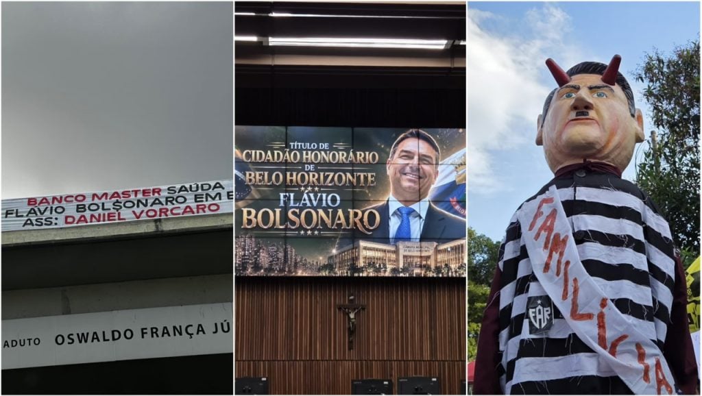 Manifestantes protestam contra título de cidadão honorário de Flávio Bolsonaro (PL)