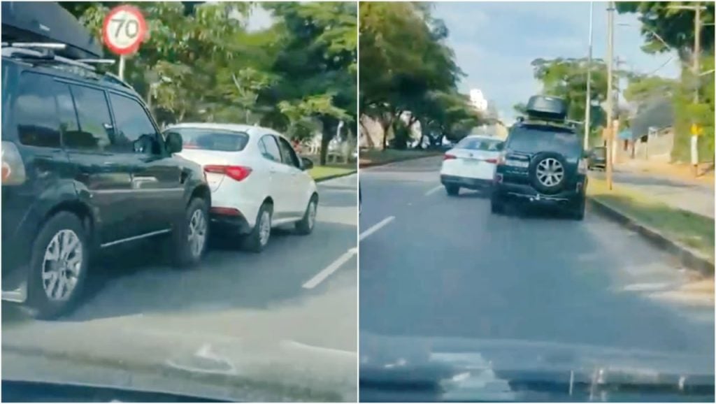 Briga de trânsito termina com carro arrastado por outro veículo em BH