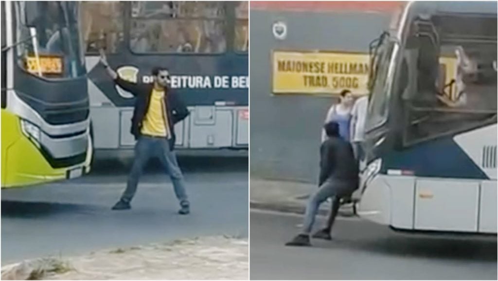 Vídeo mostra homem tentando impedir que ônibus sigam viagem em BH