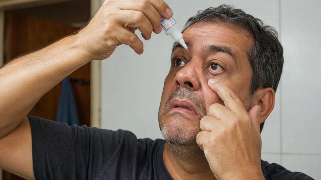 homem pingando cola instantânea no olho