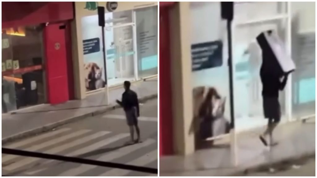 VÍDEO: Homem quebra vidro de loja, furta caixa de som e foge em Minas Gerais